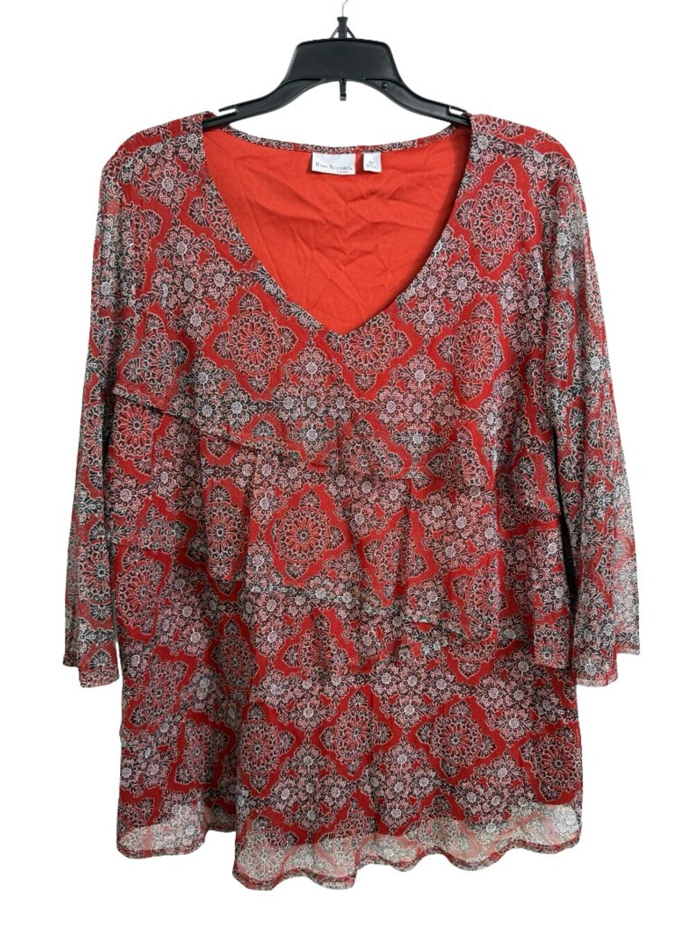 Kim Rogers Curvy Top Blouse 2X Orange Print Mesh Tiered Ruffle Boho Fun